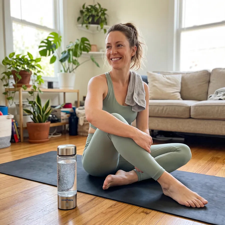 Woman relaxing on her yoga mat after a workout, HydroWata beside her