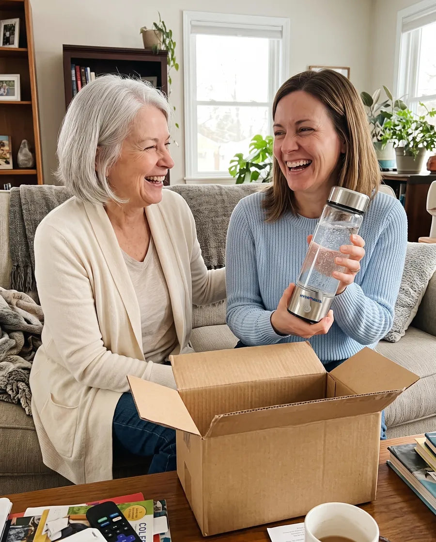 Mother and grown daughter laughing on the sofa with their new HydroWata bottle, plain shipping box on the table