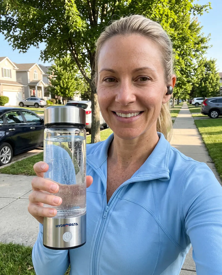 Woman smiling after a morning power walk, holding her HydroWata bottle