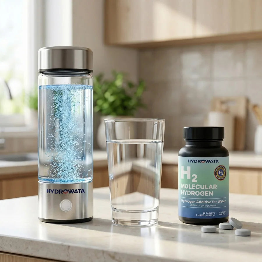 HydroWata bottle, glass and tablets in a kitchen