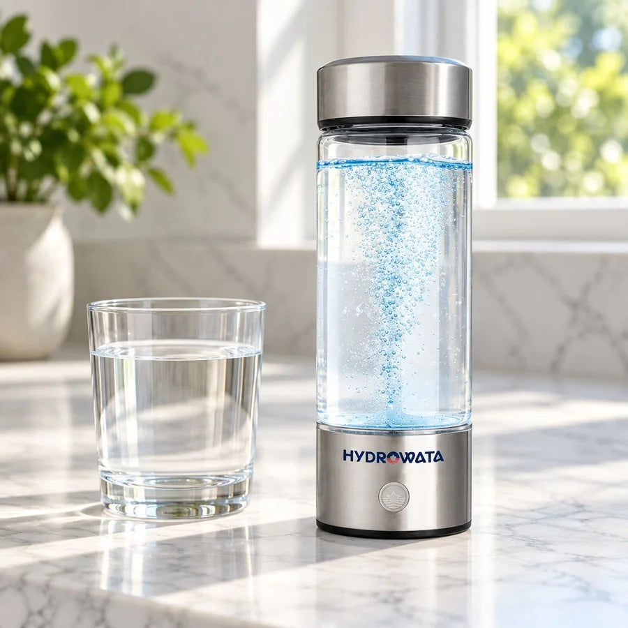 HydroWata bottle and a glass of water