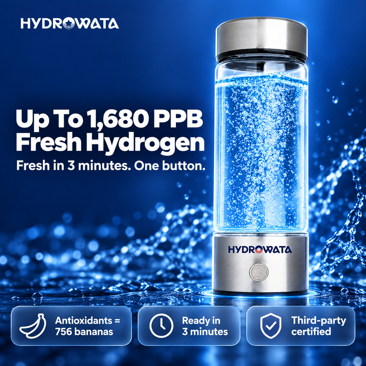 Up To 1,680 PPB Fresh Hydrogen - HydroWata Hydrogen Water Bottle