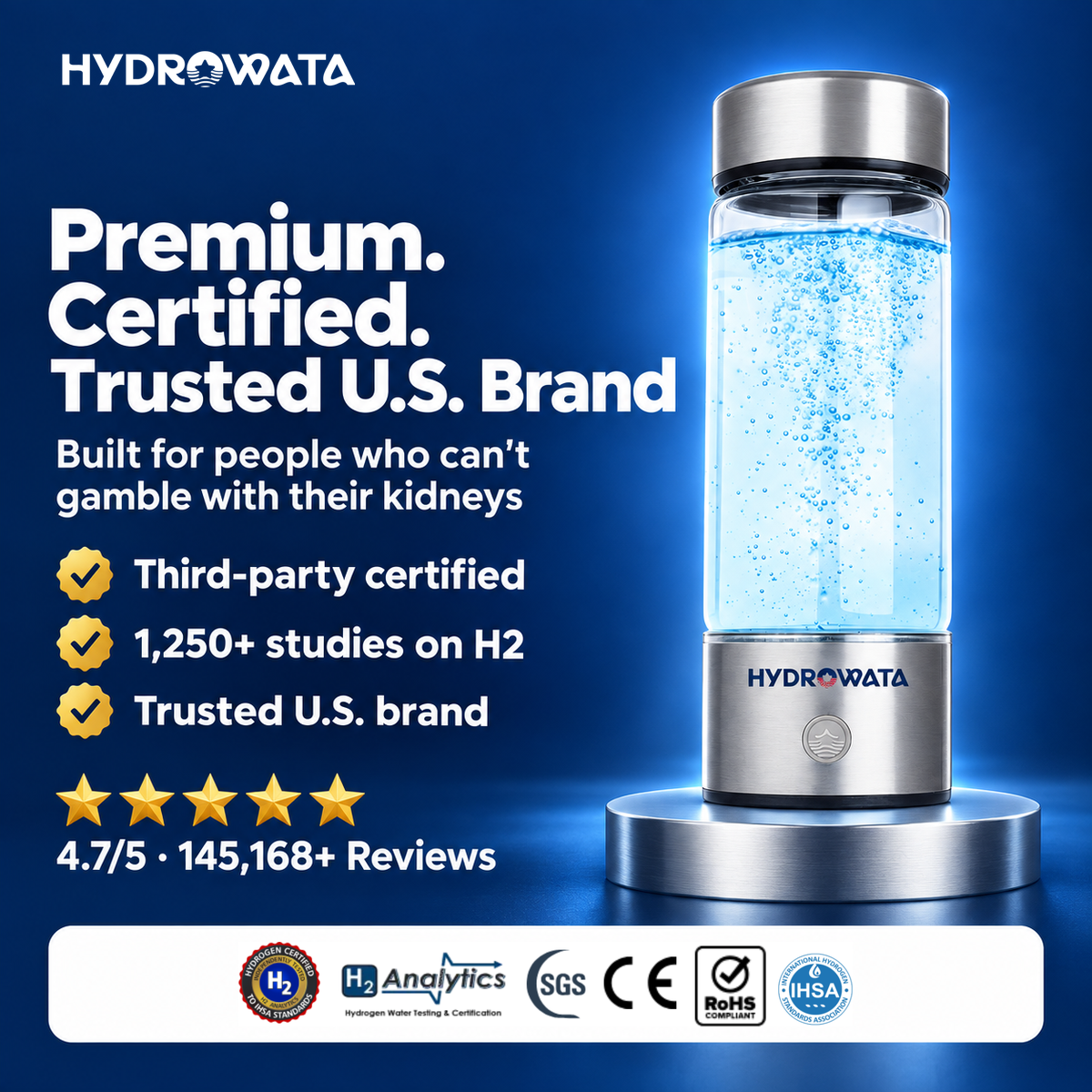 Premium. Certified. Trusted U.S. Brand - HydroWata Hydrogen Water Bottle