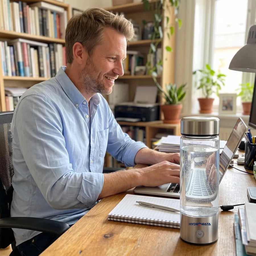 Man smiling at his laptop in a bright home office, HydroWata on the desk