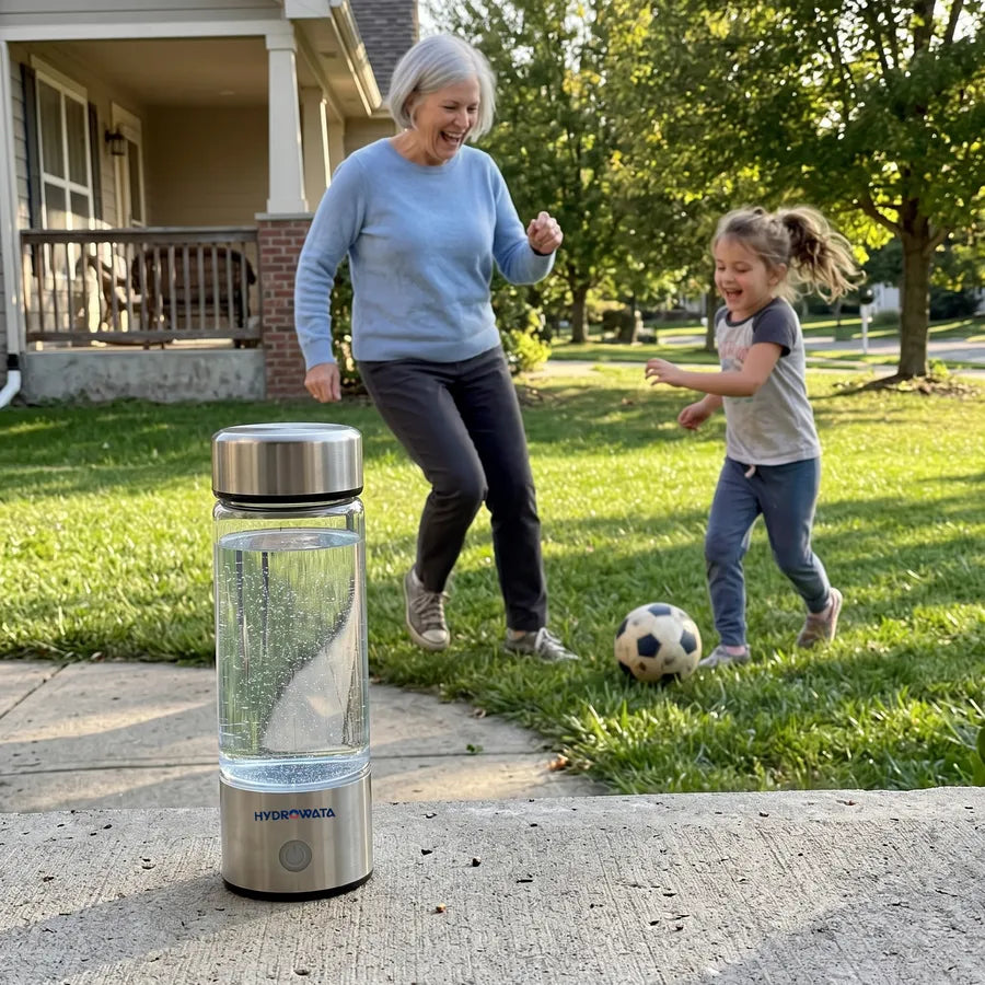 Grandmother playing soccer with her granddaughter on the lawn, HydroWata on the porch step