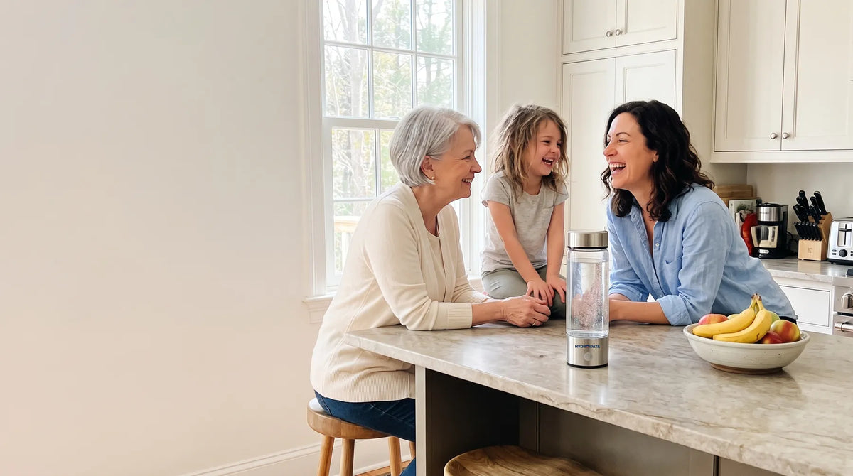 Mother, grandmother and daughter laughing together in a bright kitchen, HydroWata bottle on the island