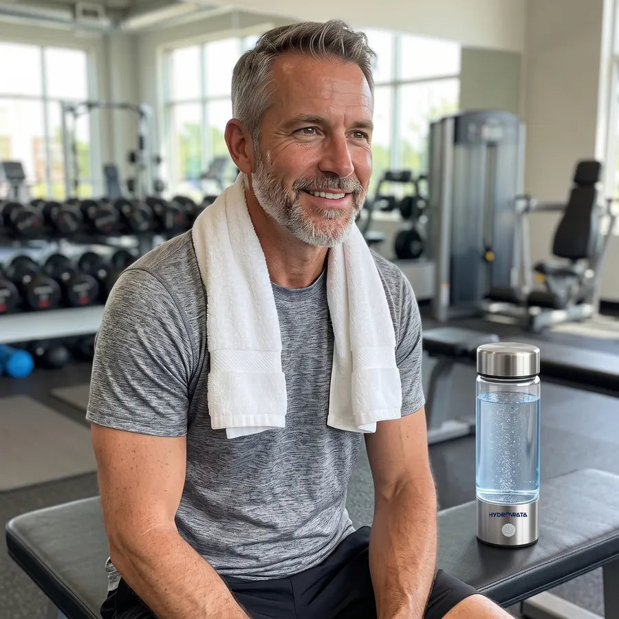 Man resting on a gym bench between sets, HydroWata beside him