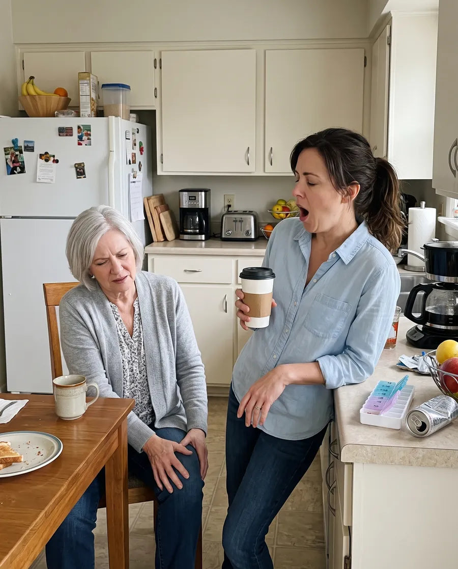 A mother rubbing her stiff knee and her grown daughter yawning over coffee in the morning kitchen
