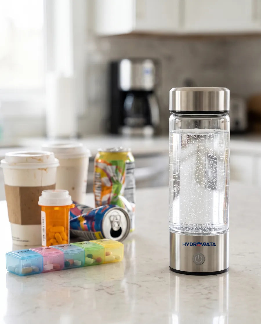 Coffee cups, energy drinks and pill bottles on one side of the counter, the HydroWata bottle alone on the other