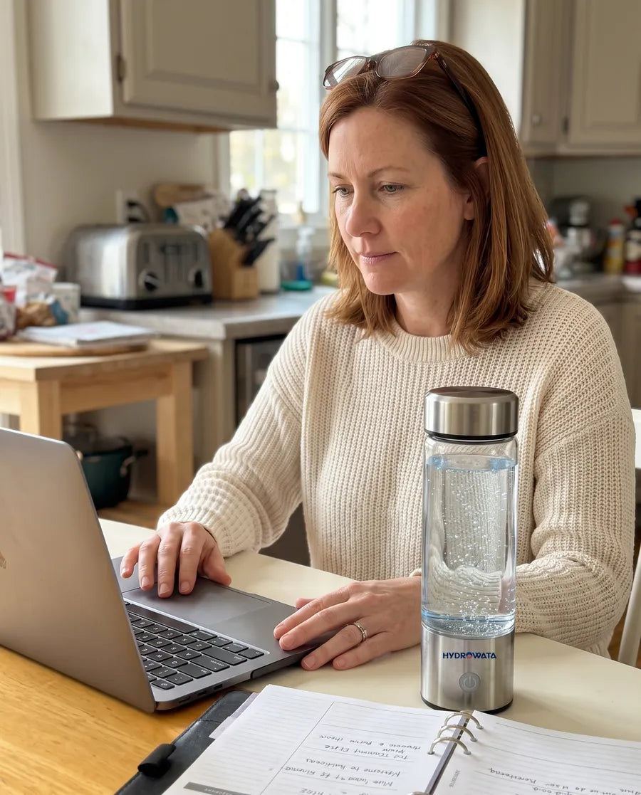 Woman working calmly at her kitchen table, HydroWata beside her laptop