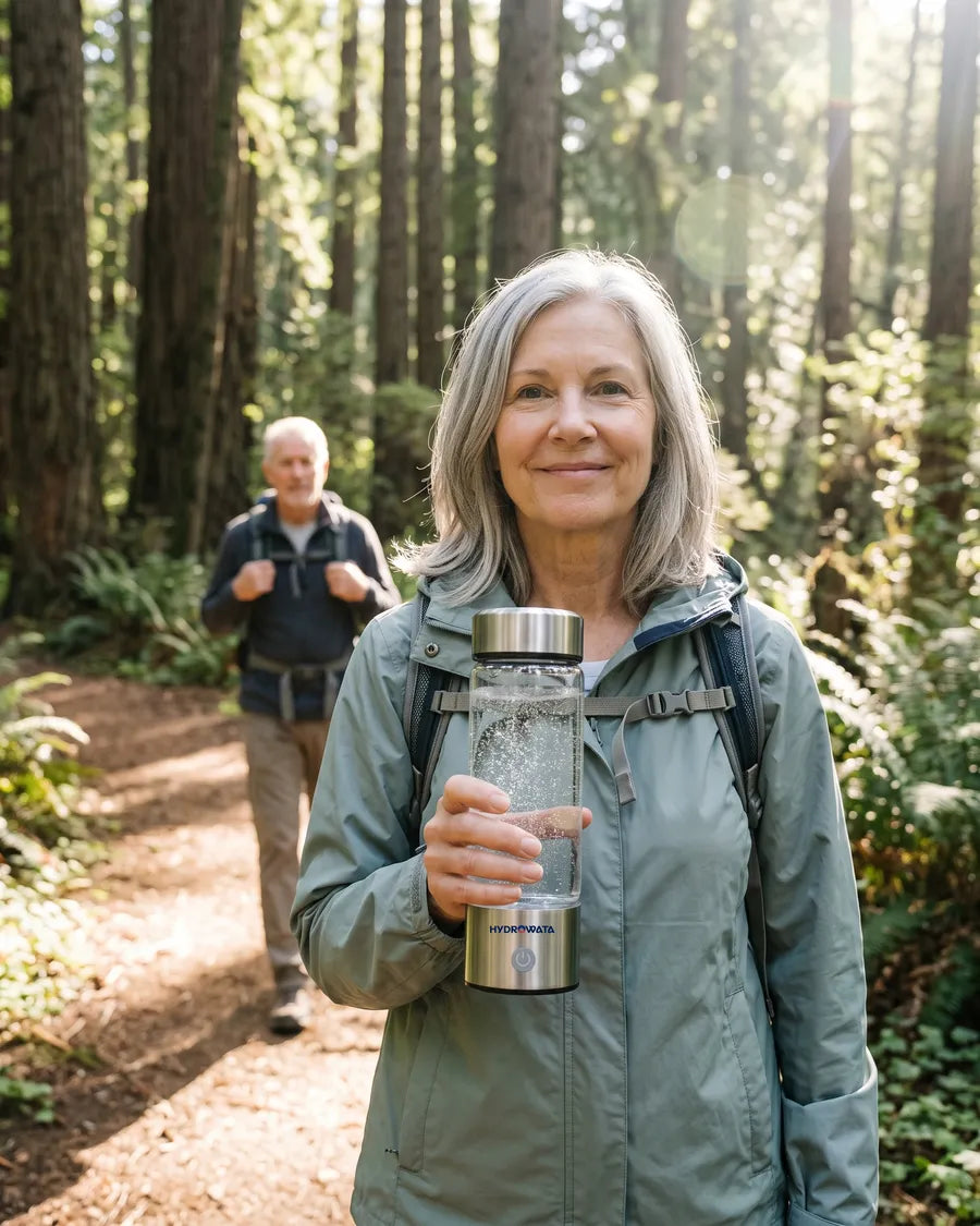 Woman on a forest hike holding her HydroWata bottle