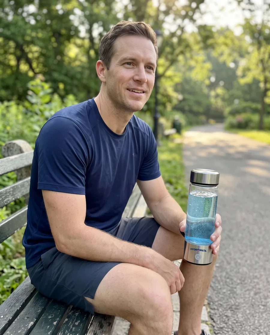 Man resting on a park bench after a run, holding HydroWata