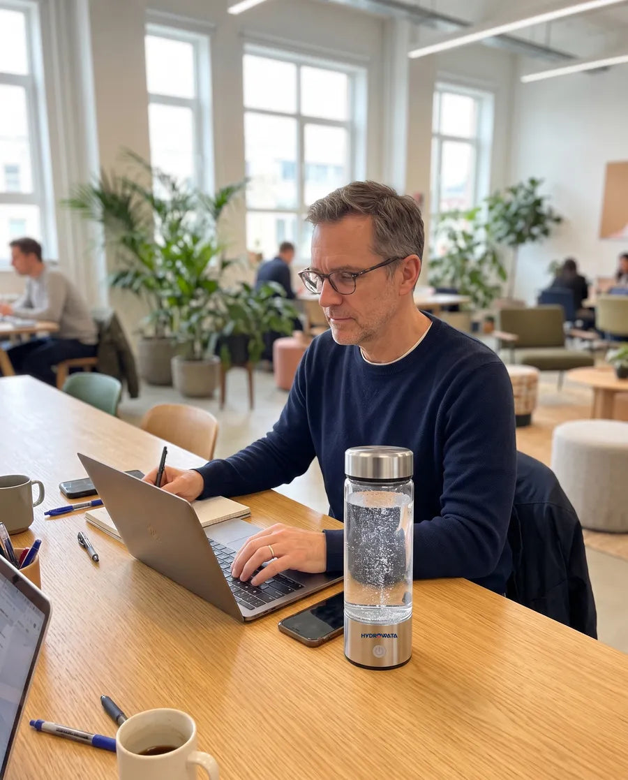 Man working calmly at a coworking table, HydroWata beside his laptop
