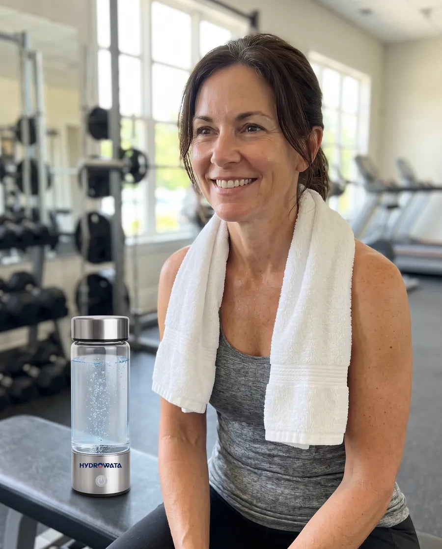 Woman relaxing on a gym bench after a workout, HydroWata beside her
