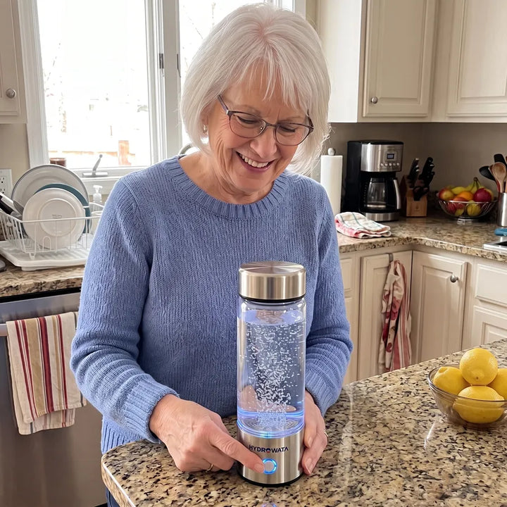 Woman pressing the button on her HydroWata bottle in her kitchen