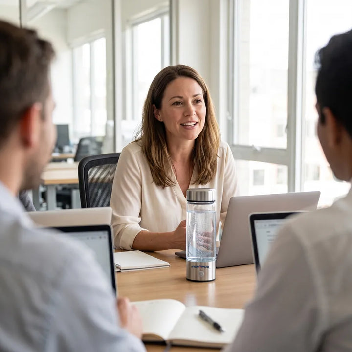 Woman leading a meeting with HydroWata on the table in front of her