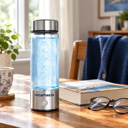 Hydrowata bottle at a reading desk