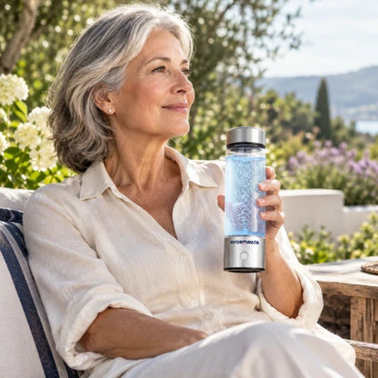Older adult with Hydrowata bottle in a garden
