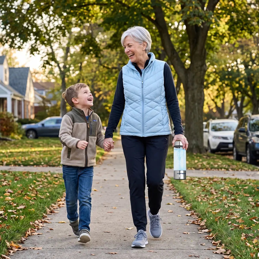 Grandmother on a morning walk holding hands with her grandson, HydroWata in her other hand