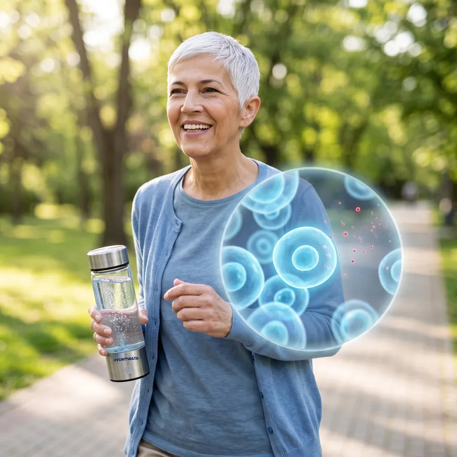 Active woman on a park walk with a see-through view of healthy cells glowing blue