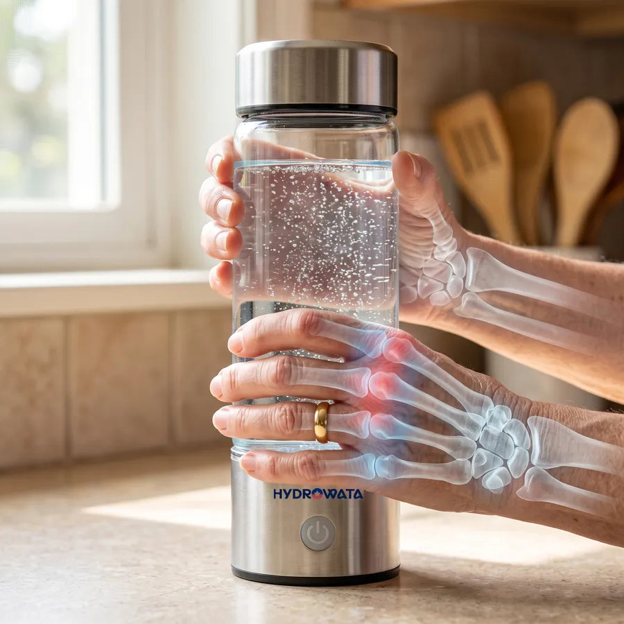 See-through view of hand joints calming from red to blue while holding HydroWata