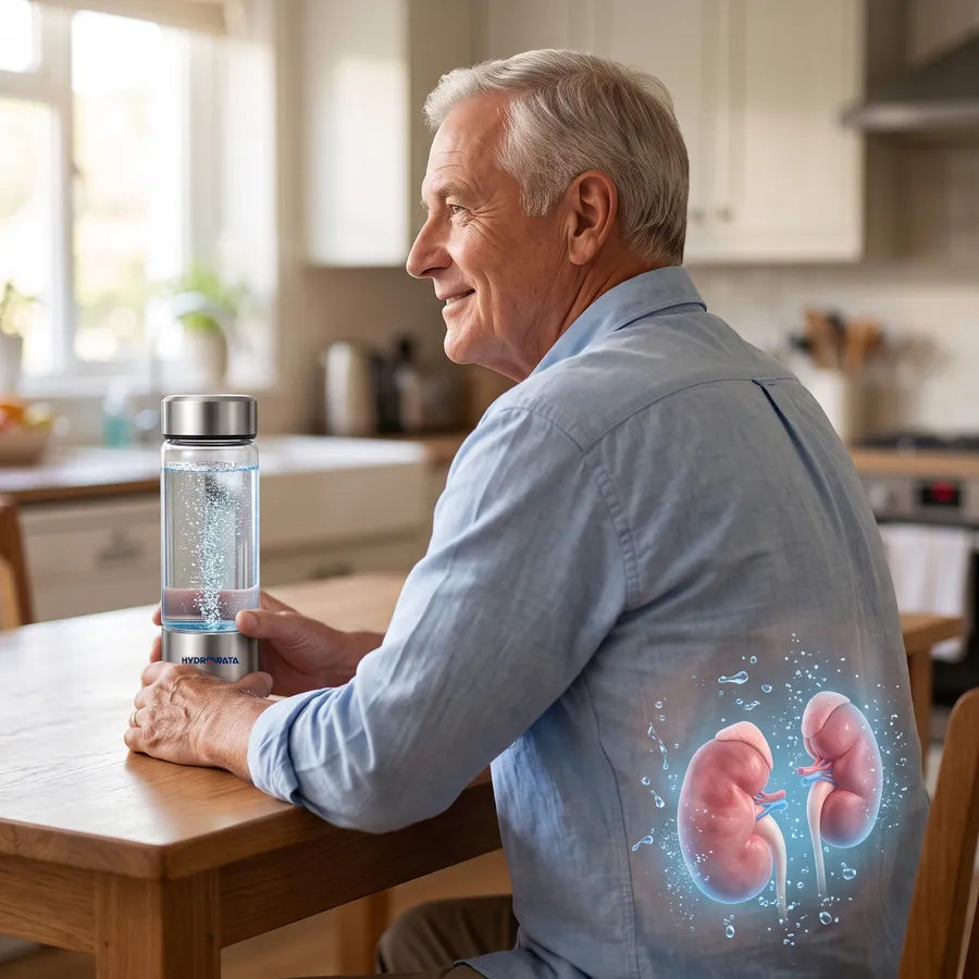 Man at his kitchen table holding HydroWata, see-through view of healthy kidneys glowing calm blue