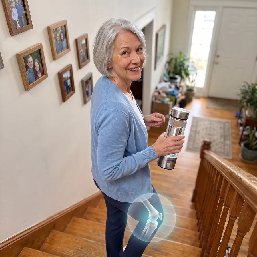 See-through view of a knee joint calming from red to blue as a woman climbs the stairs